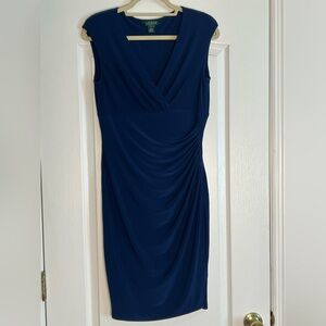 Ralph Lauren Navy Sleeveless Midi Dress with Side Drape